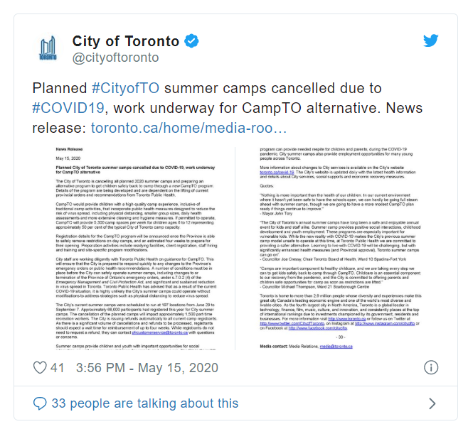 多伦多政府官宣取消所有夏令营！市长说：别担心，我们有个B计划！