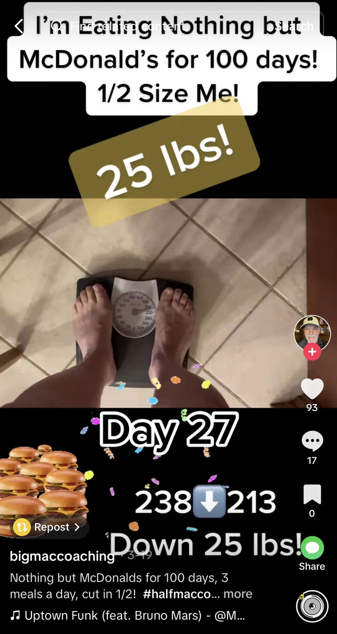 挑战100天只吃麦当劳，成功减重60磅！tiktok上这位大爷火出圈了：大爷果然是大爷