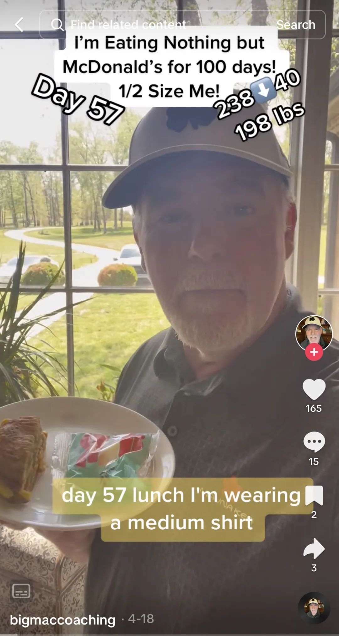 挑战100天只吃麦当劳，成功减重60磅！tiktok上这位大爷火出圈了：大爷果然是大爷