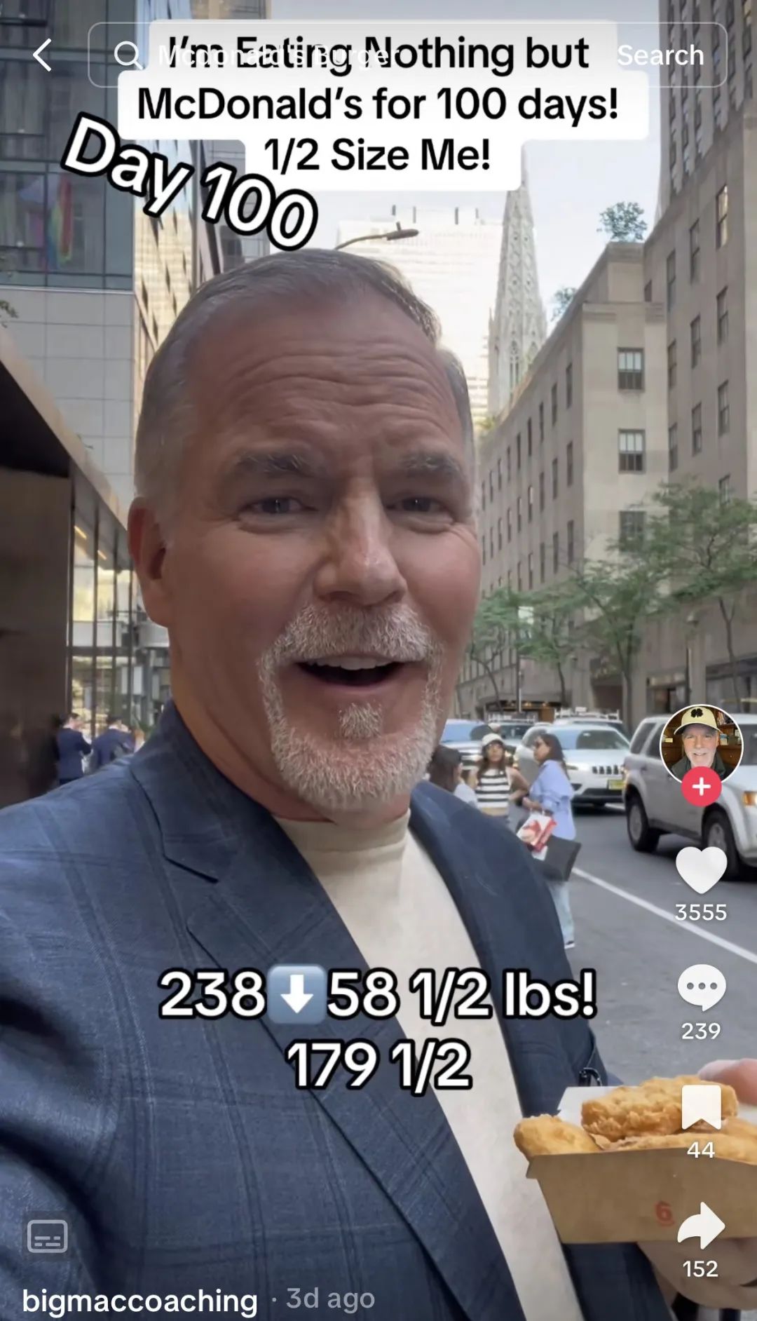 挑战100天只吃麦当劳，成功减重60磅！tiktok上这位大爷火出圈了：大爷果然是大爷