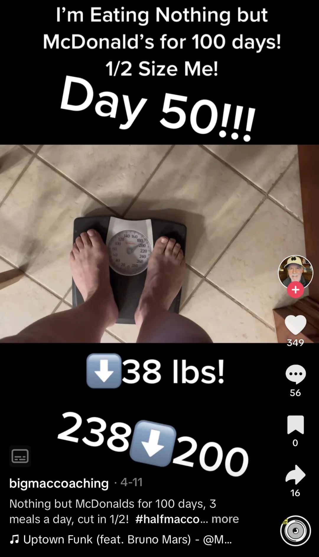 挑战100天只吃麦当劳，成功减重60磅！tiktok上这位大爷火出圈了：大爷果然是大爷