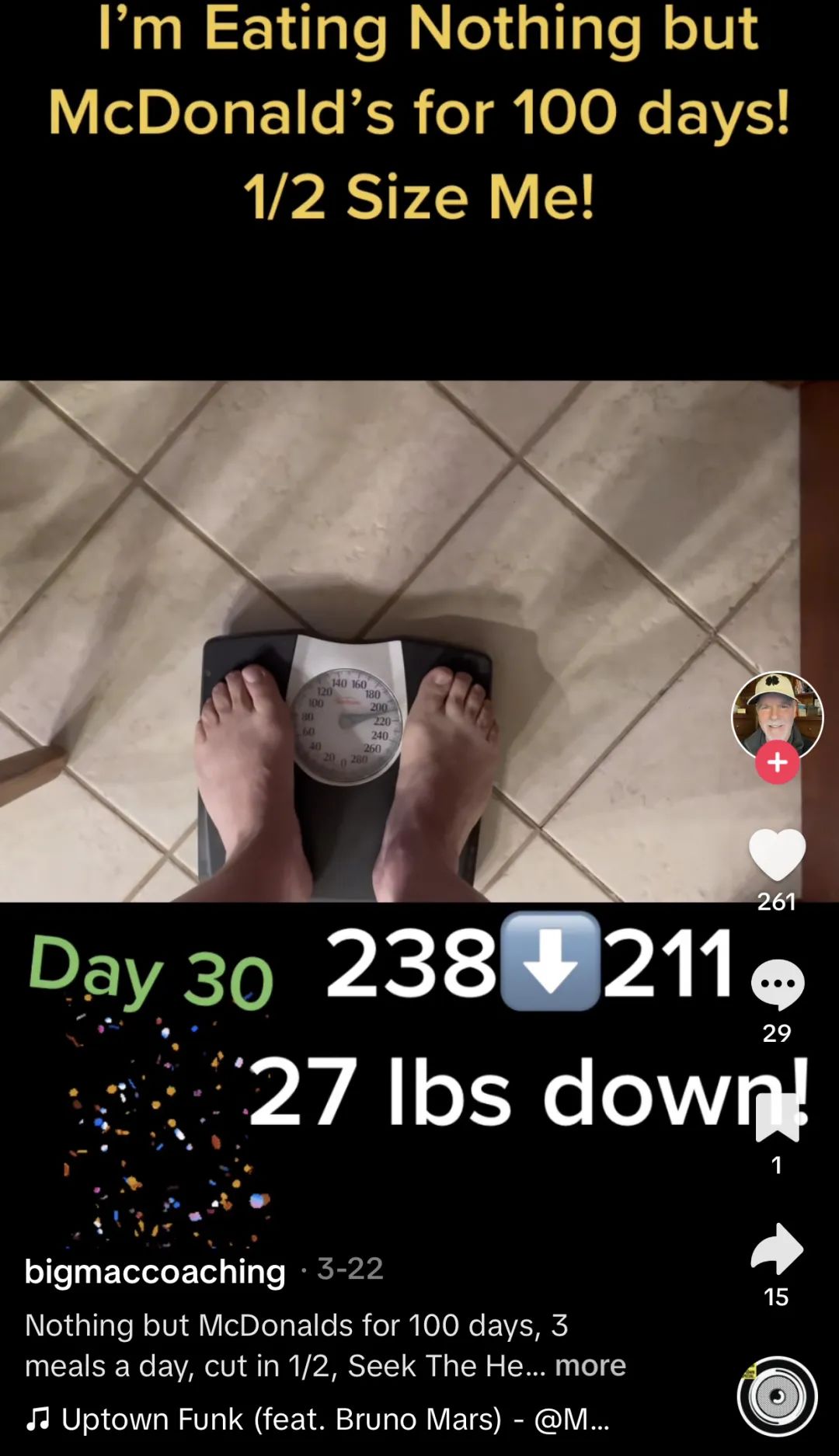 挑战100天只吃麦当劳，成功减重60磅！tiktok上这位大爷火出圈了：大爷果然是大爷