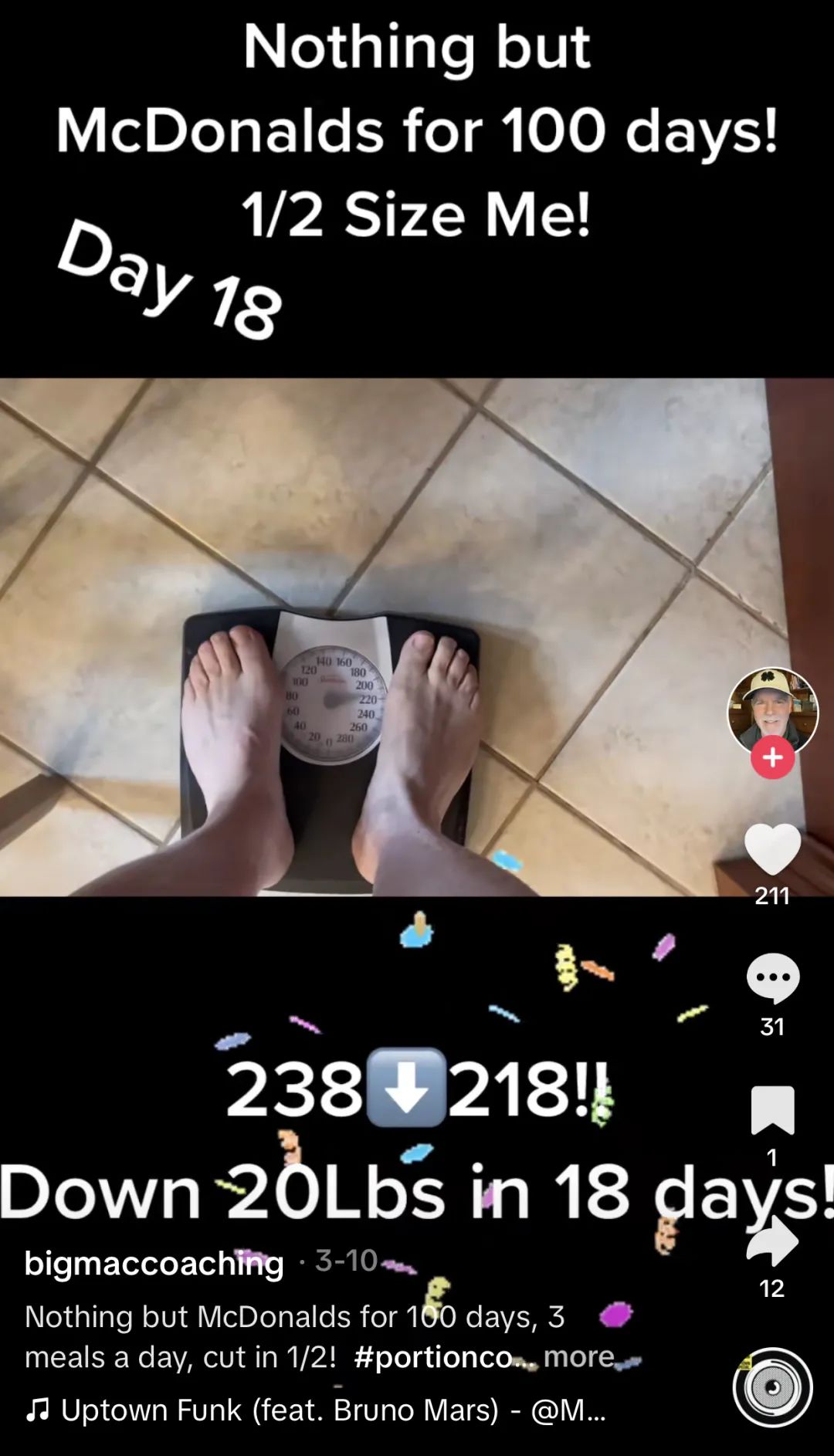 挑战100天只吃麦当劳，成功减重60磅！tiktok上这位大爷火出圈了：大爷果然是大爷