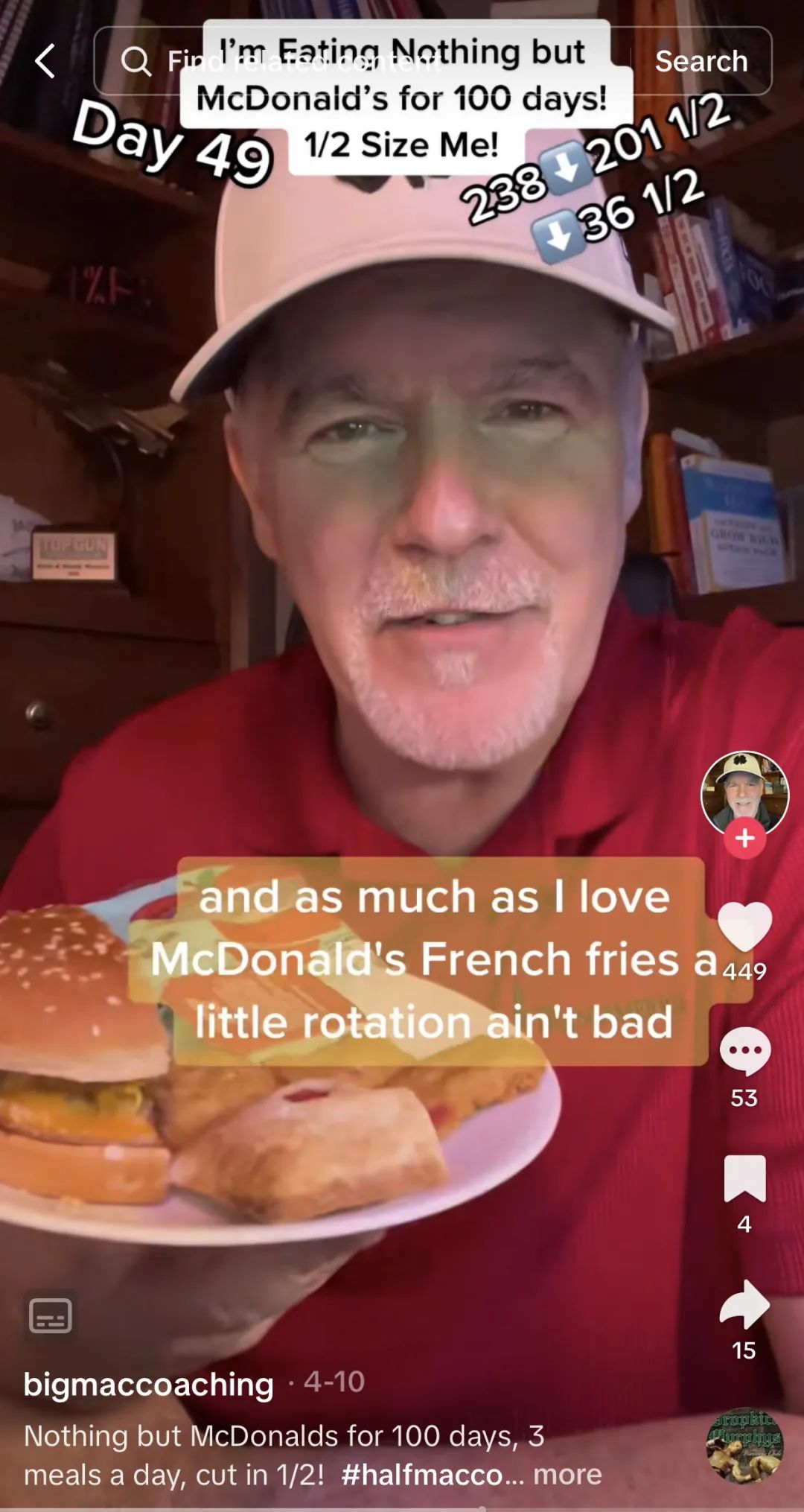 挑战100天只吃麦当劳，成功减重60磅！tiktok上这位大爷火出圈了：大爷果然是大爷