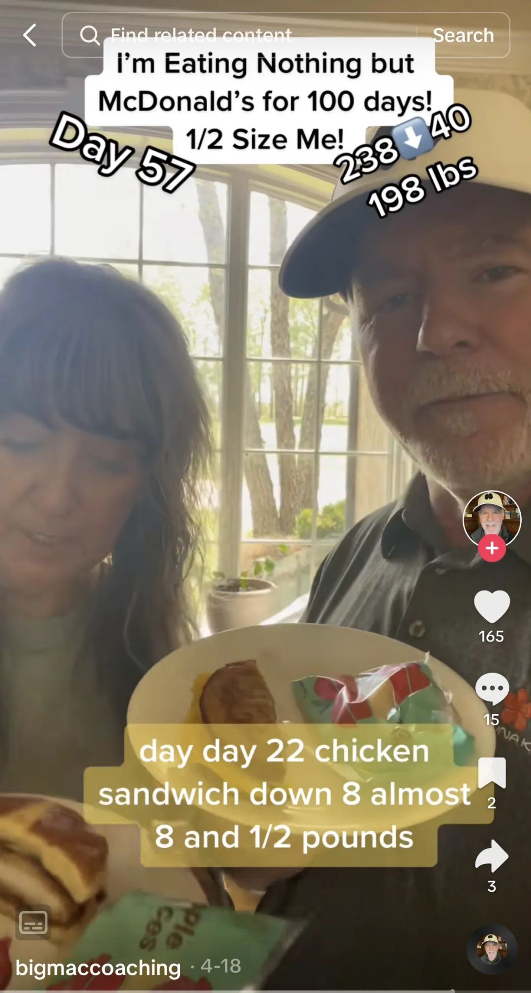 挑战100天只吃麦当劳，成功减重60磅！tiktok上这位大爷火出圈了：大爷果然是大爷