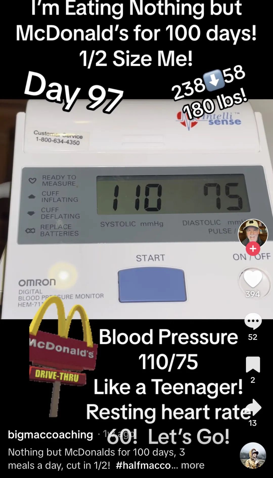 挑战100天只吃麦当劳，成功减重60磅！tiktok上这位大爷火出圈了：大爷果然是大爷