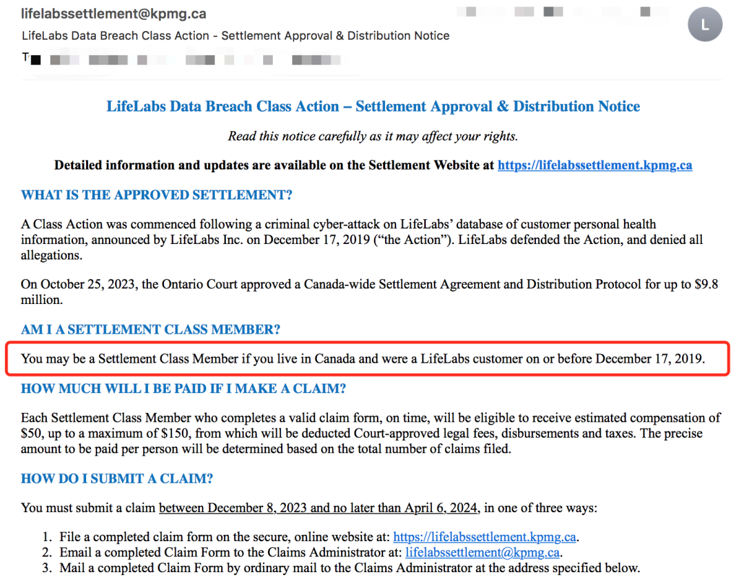 每人最高拿$150？LifeLabs集体诉讼和解：看看你是不是860万人之一